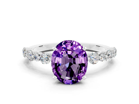 White gold Oval Cut Amethyst Prong Set Engagement Ring with Pavé Band