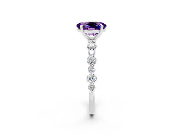 White gold Oval Cut Amethyst Prong Set Engagement Ring with Pavé Band