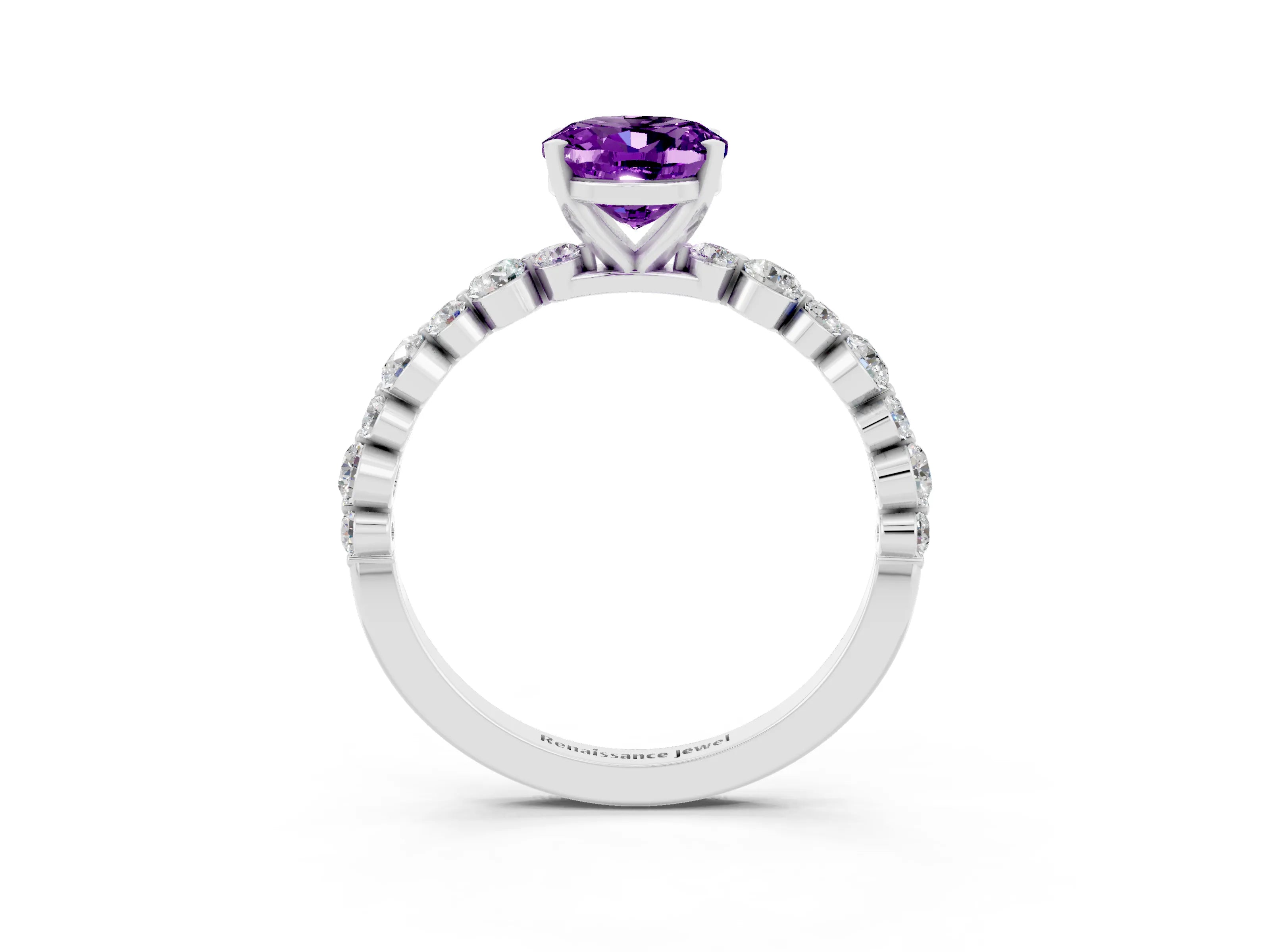 White gold Oval Cut Amethyst Prong Set Engagement Ring with Pavé Band_3