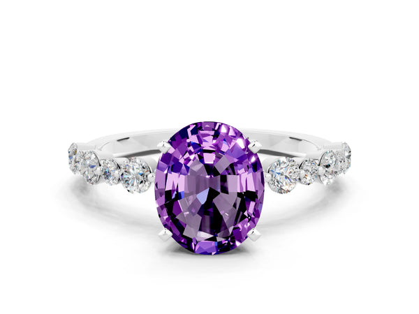 White gold Oval Cut Amethyst Prong Set Engagement Ring with Pavé Band