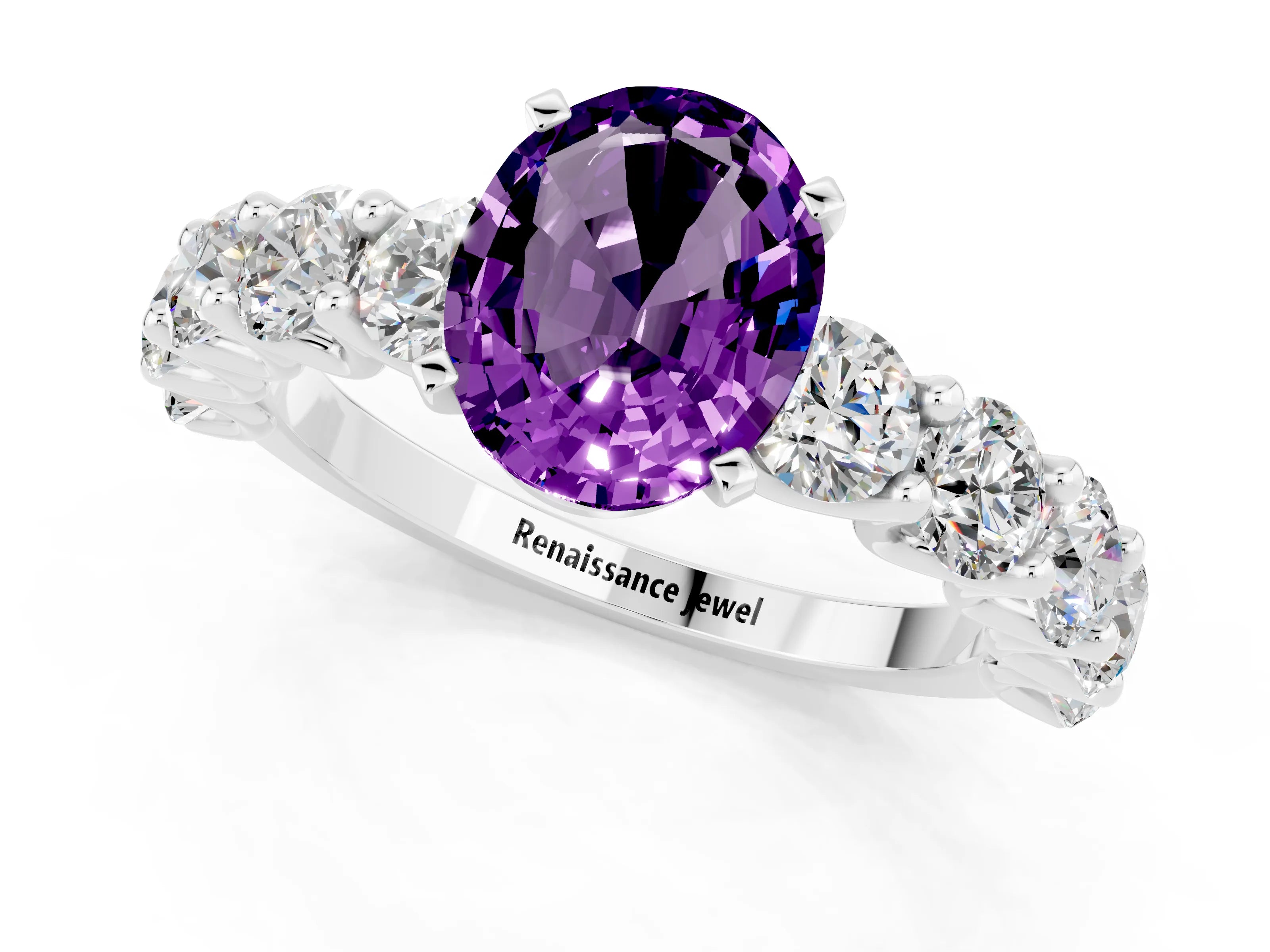 White gold Oval Cut Amethyst Prong Setting with Side Stones on a Pave Band_1