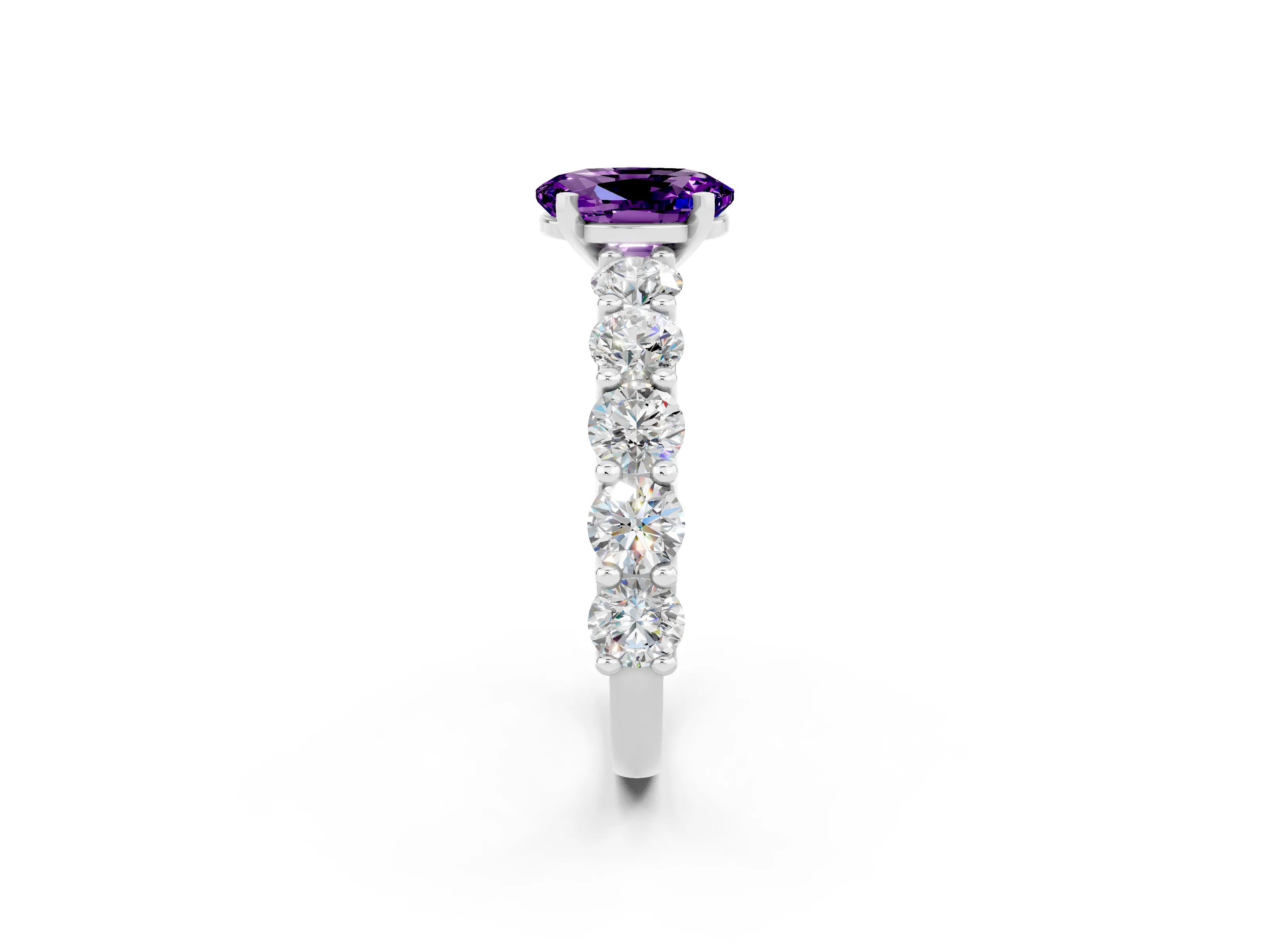 White gold Oval Cut Amethyst Prong Setting with Side Stones on a Pave Band_2