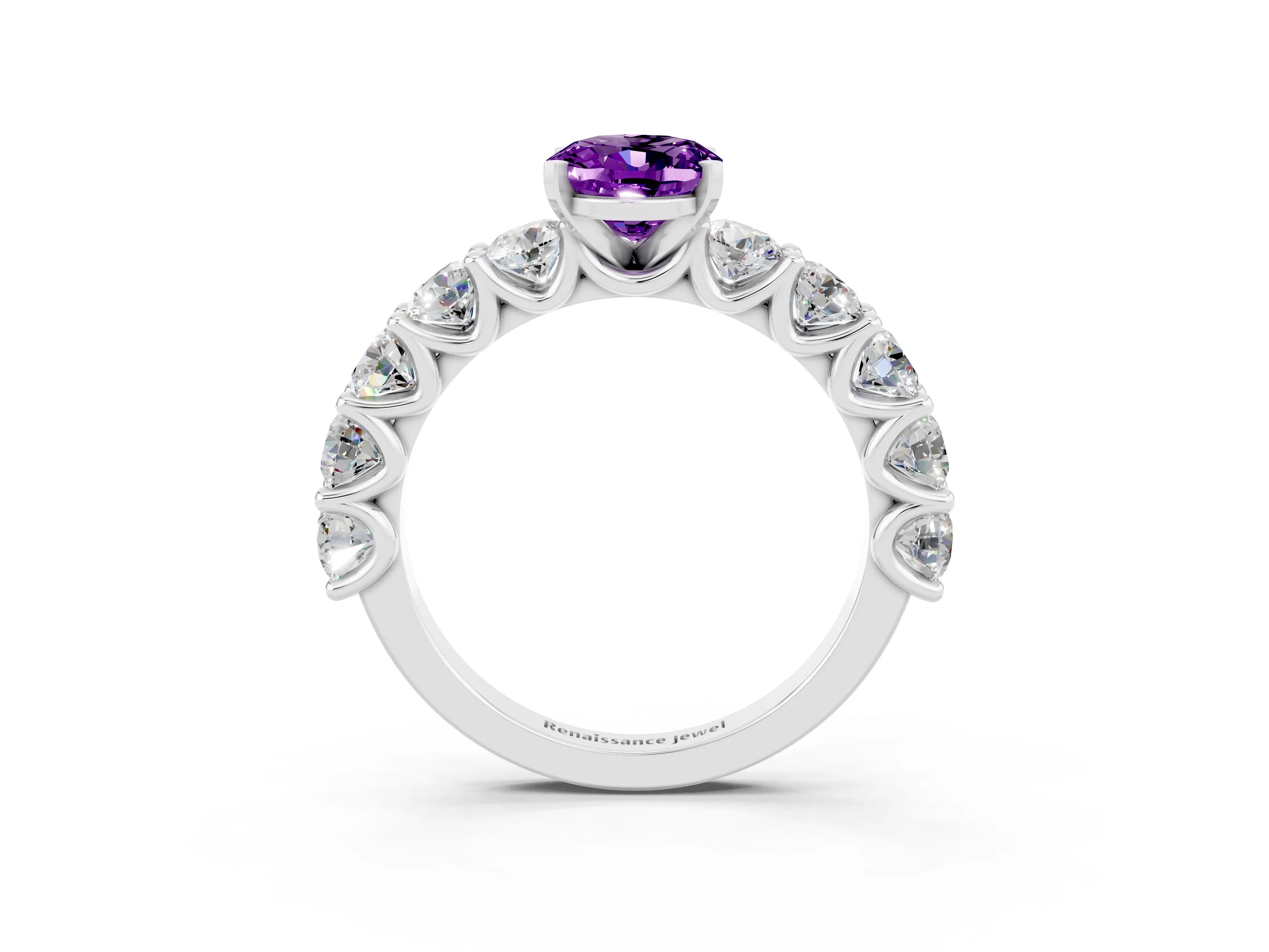 White gold Oval Cut Amethyst Prong Setting with Side Stones on a Pave Band_3