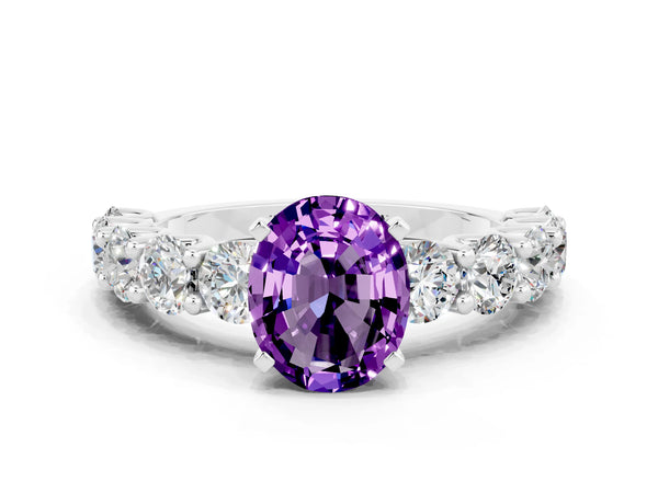 White gold Oval Cut Amethyst Prong Setting with Side Stones on a Pave Band