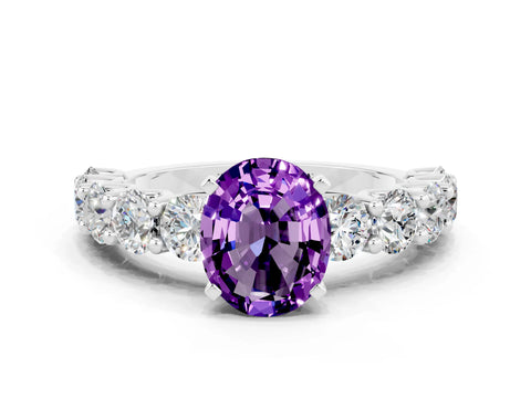 White gold Oval Cut Amethyst Prong Setting with Side Stones on a Pave Band