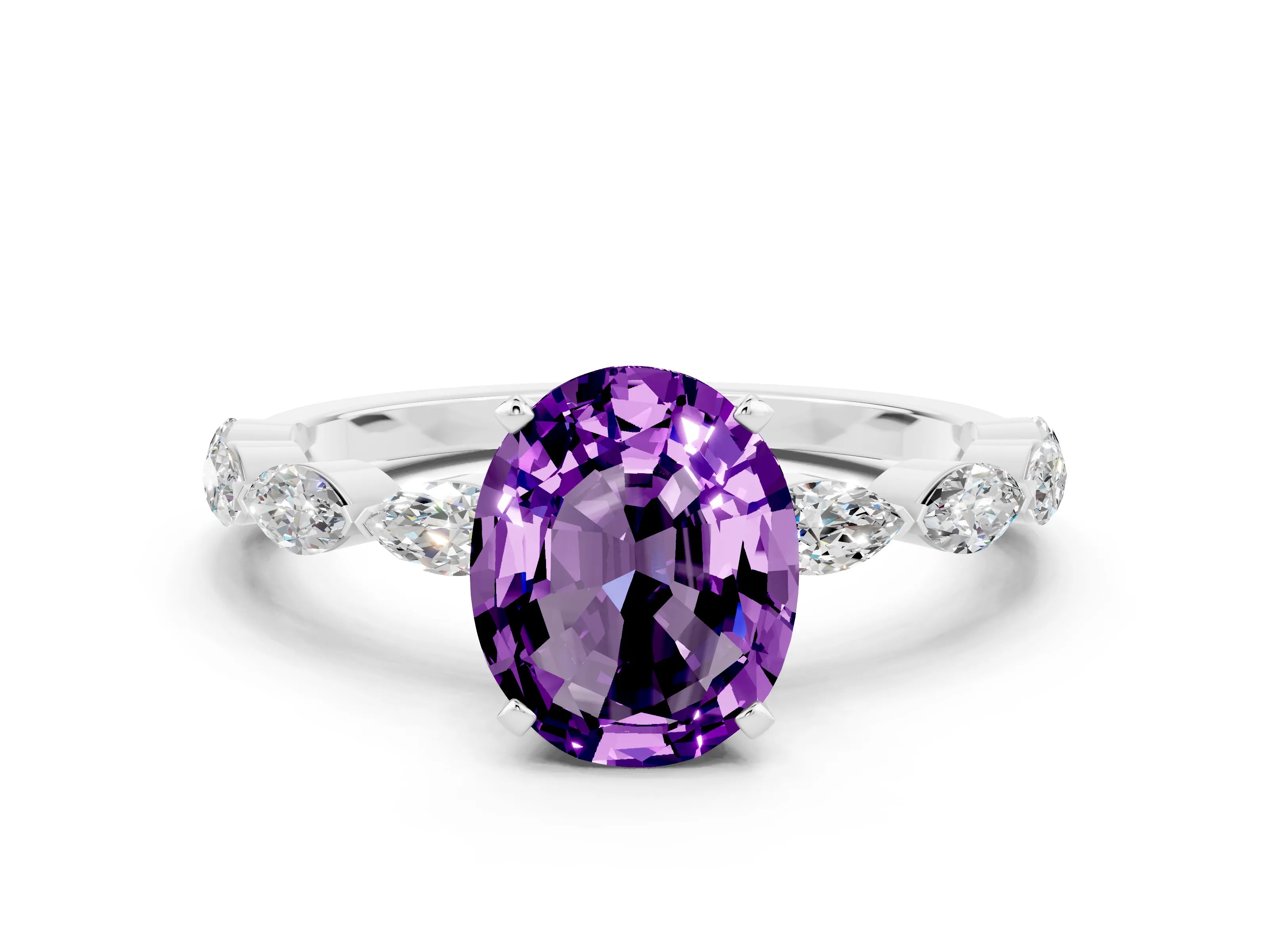 White gold Oval Cut Amethyst Ring with Marquise Side Stones and Prong Setting