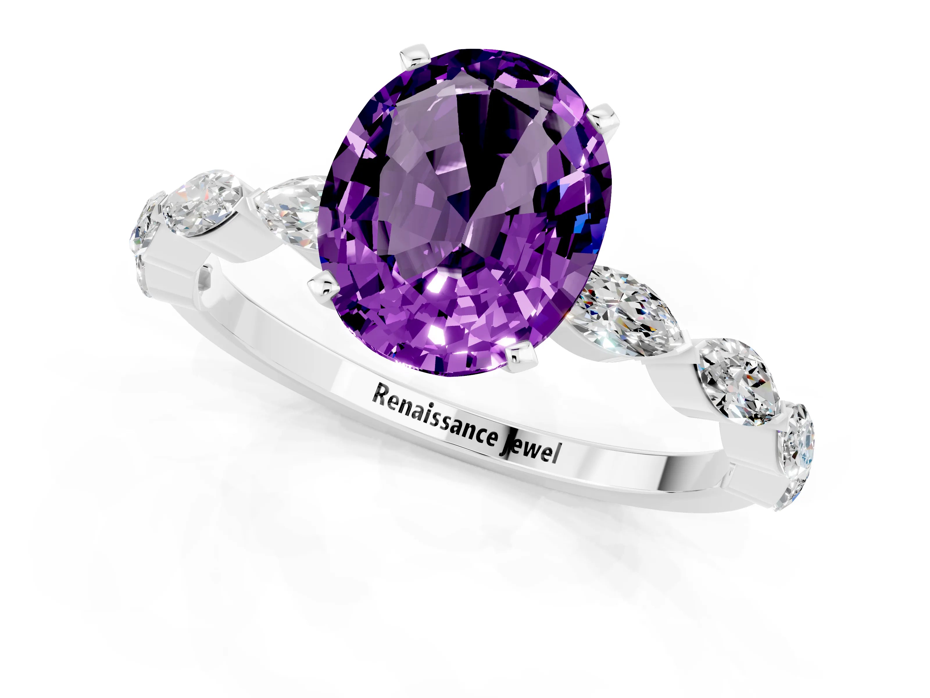 White gold Oval Cut Amethyst Ring with Marquise Side Stones and Prong Setting_1