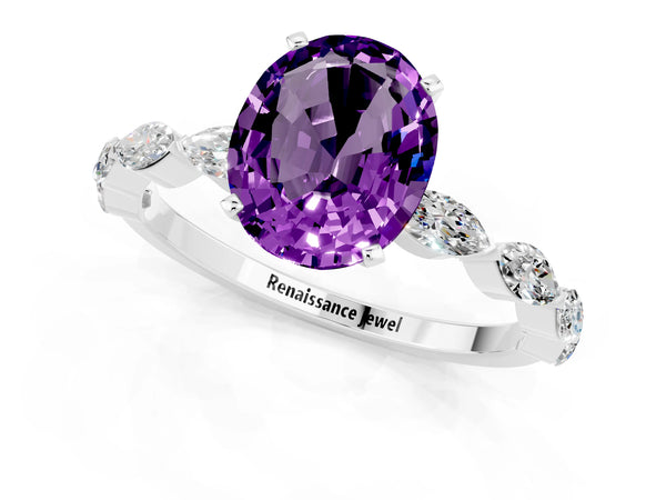 Silver Oval Cut Amethyst Ring with Marquise Side Stones and Prong Setting