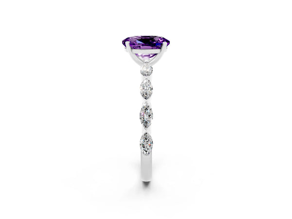Silver Oval Cut Amethyst Ring with Marquise Side Stones and Prong Setting