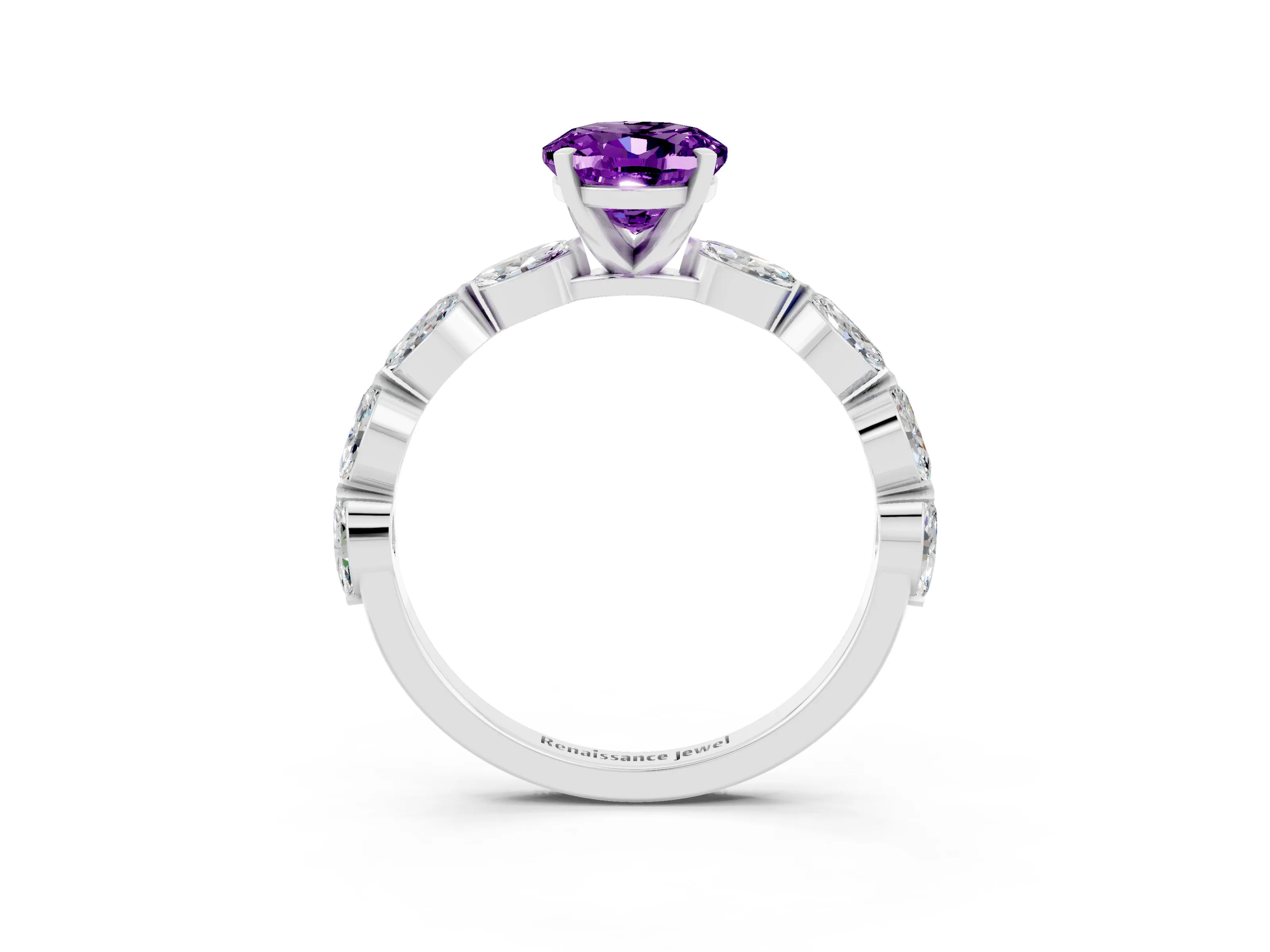 White gold Oval Cut Amethyst Ring with Marquise Side Stones and Prong Setting_3