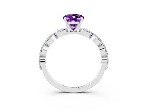 White gold Oval Cut Amethyst Ring with Marquise Side Stones and Prong Setting_3