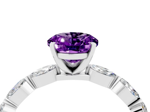 White gold Oval Cut Amethyst Ring with Marquise Side Stones and Prong Setting_4