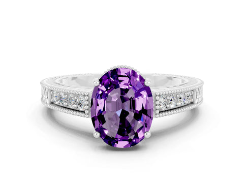 White gold Oval Cut Amethyst Ring with Milgrain Pavé Band and Four-Prong Setting_12