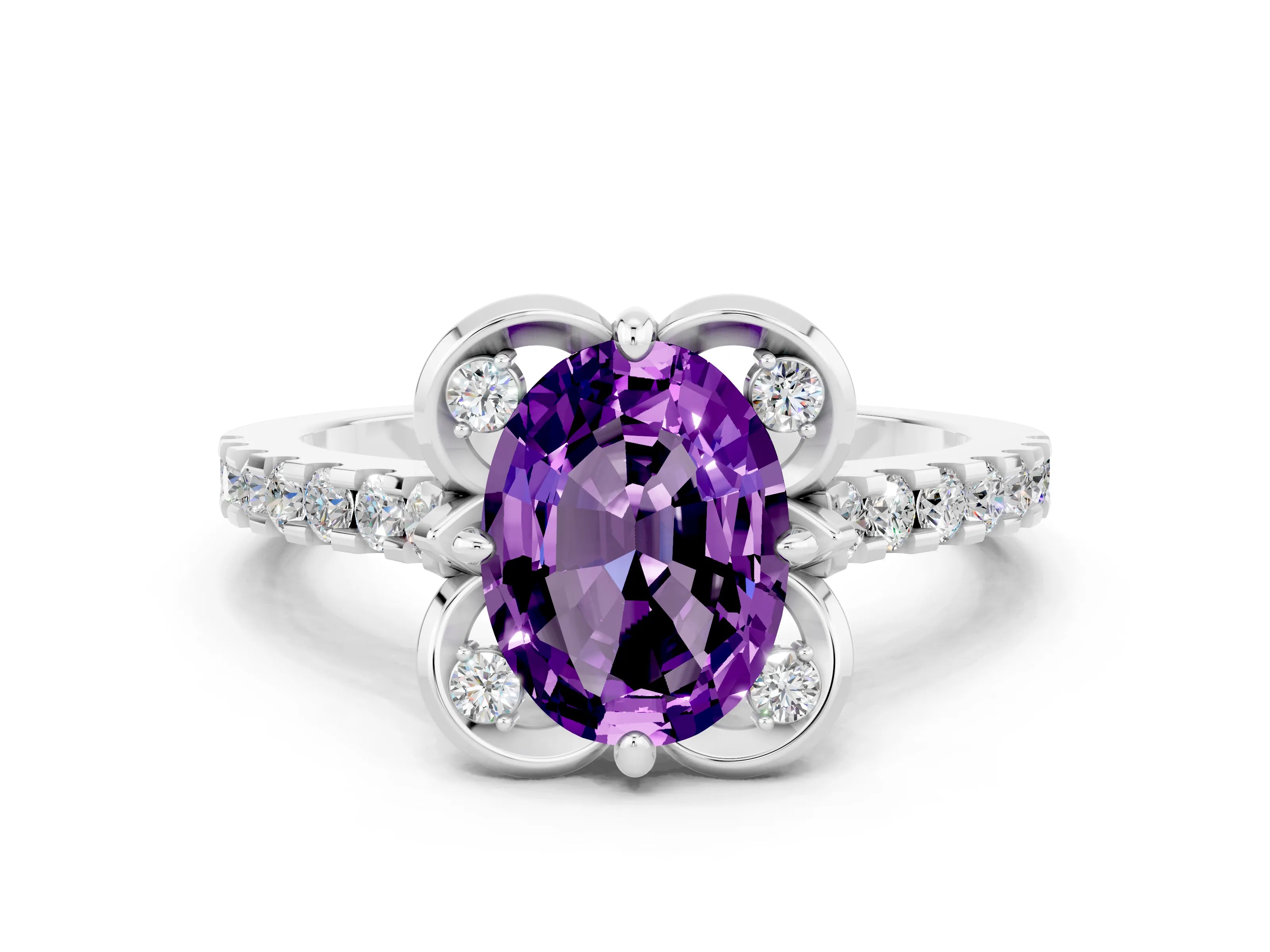 White gold Oval Cut Amethyst Ring with Pavé Band and Floral Prong Setting