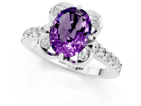 White gold Oval Cut Amethyst Ring with Pavé Band and Floral Prong Setting_1