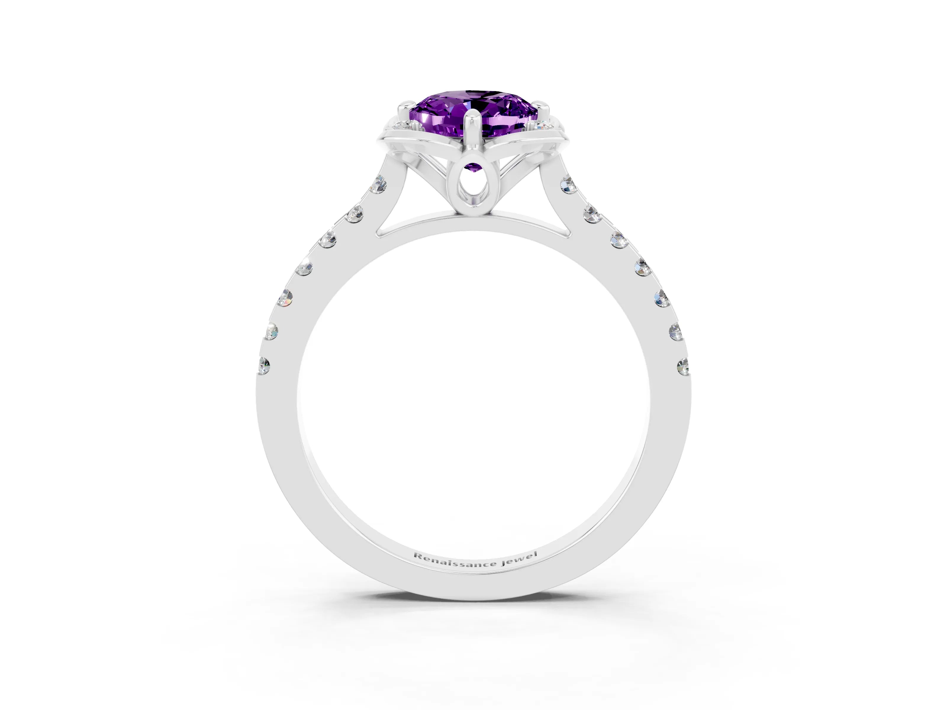 White gold Oval Cut Amethyst Ring with Pavé Band and Floral Prong Setting_3