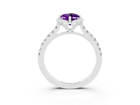 White gold Oval Cut Amethyst Ring with Pavé Band and Floral Prong Setting_3