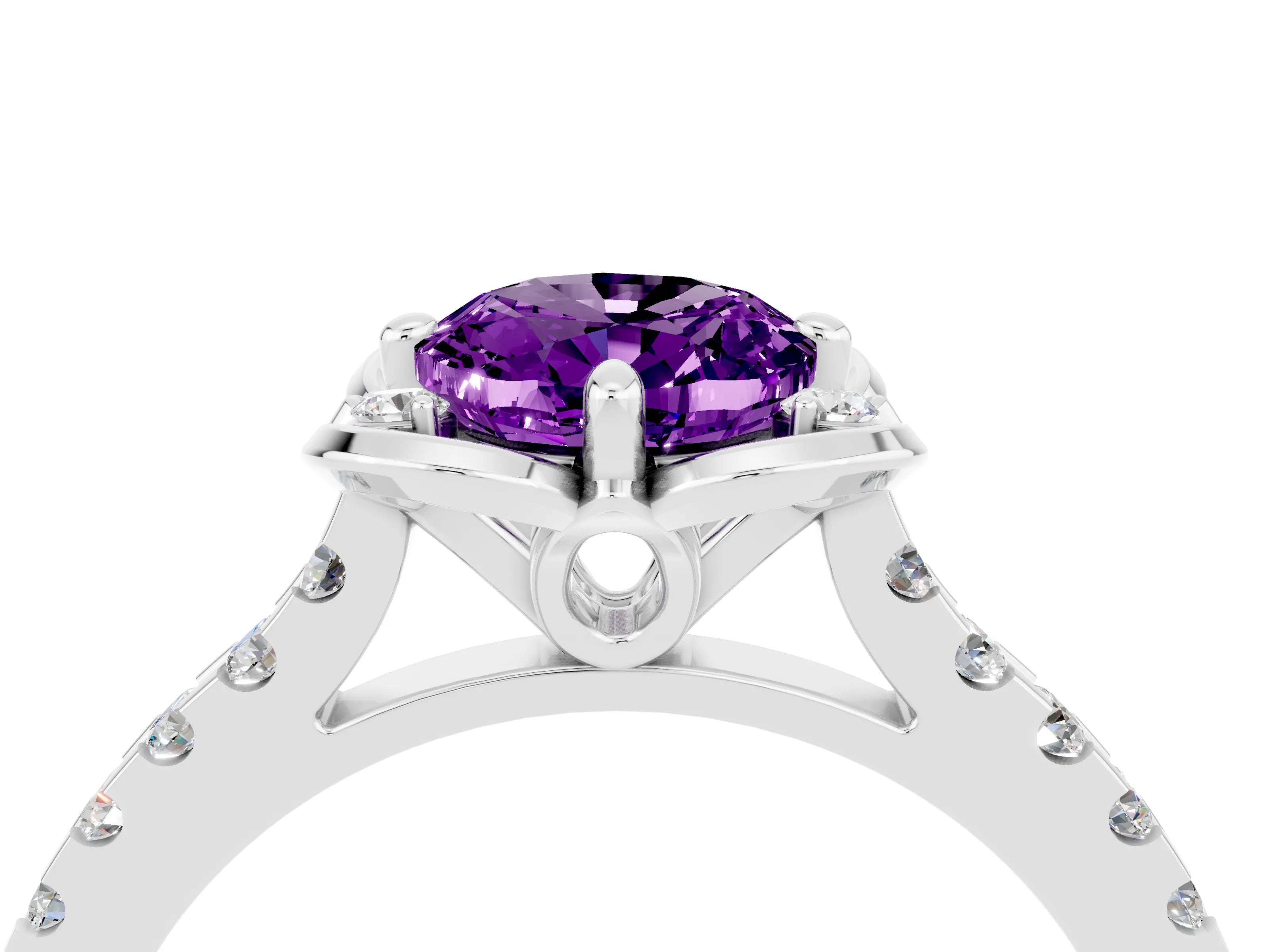 White gold Oval Cut Amethyst Ring with Pavé Band and Floral Prong Setting_4