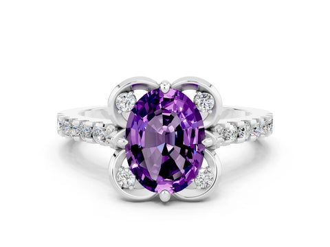 White gold Oval Cut Amethyst Ring with Pavé Band and Floral Prong Setting