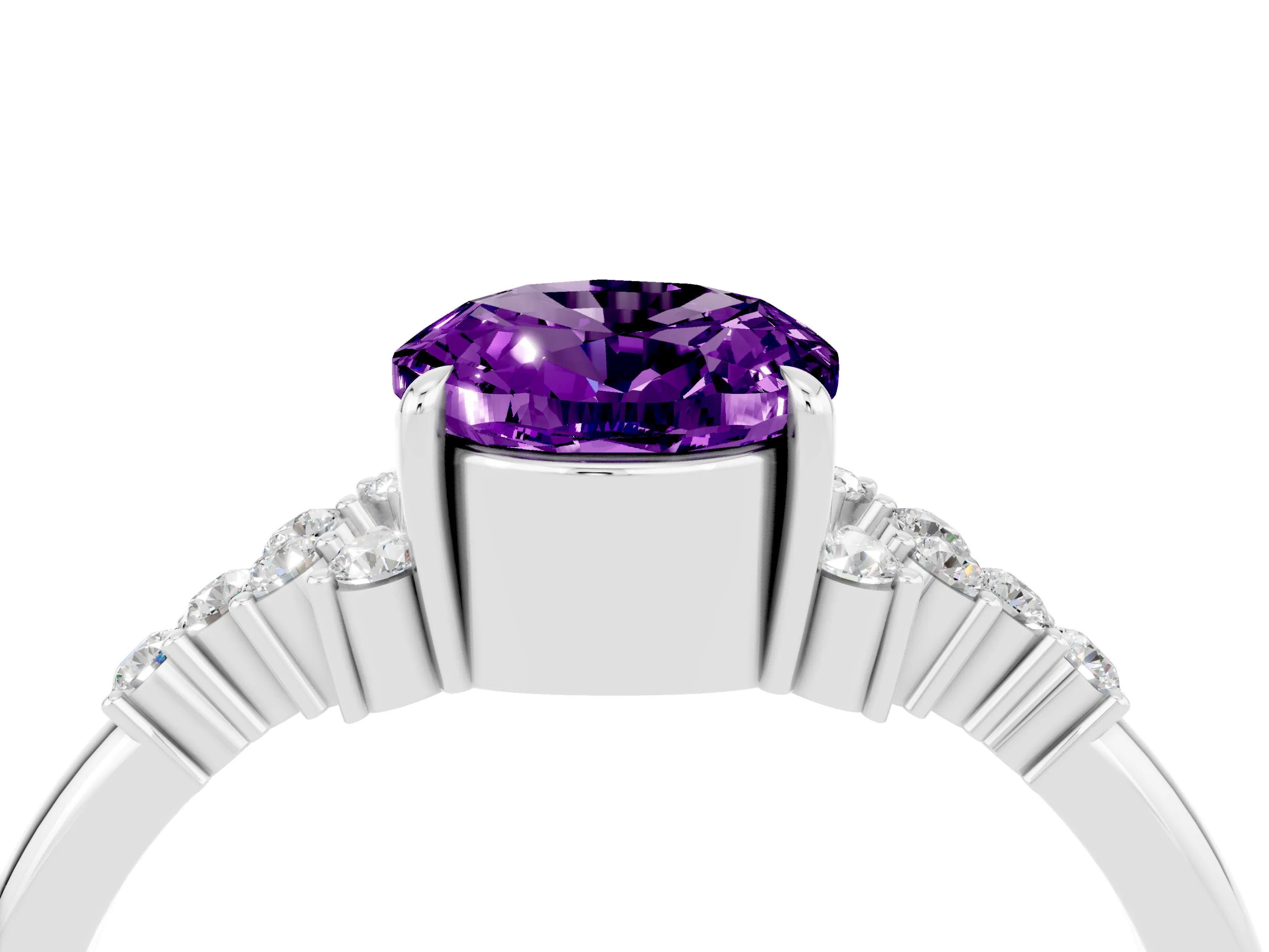 White gold Oval Cut Amethyst Ring with Side Stones and Four-Prong Setting_100