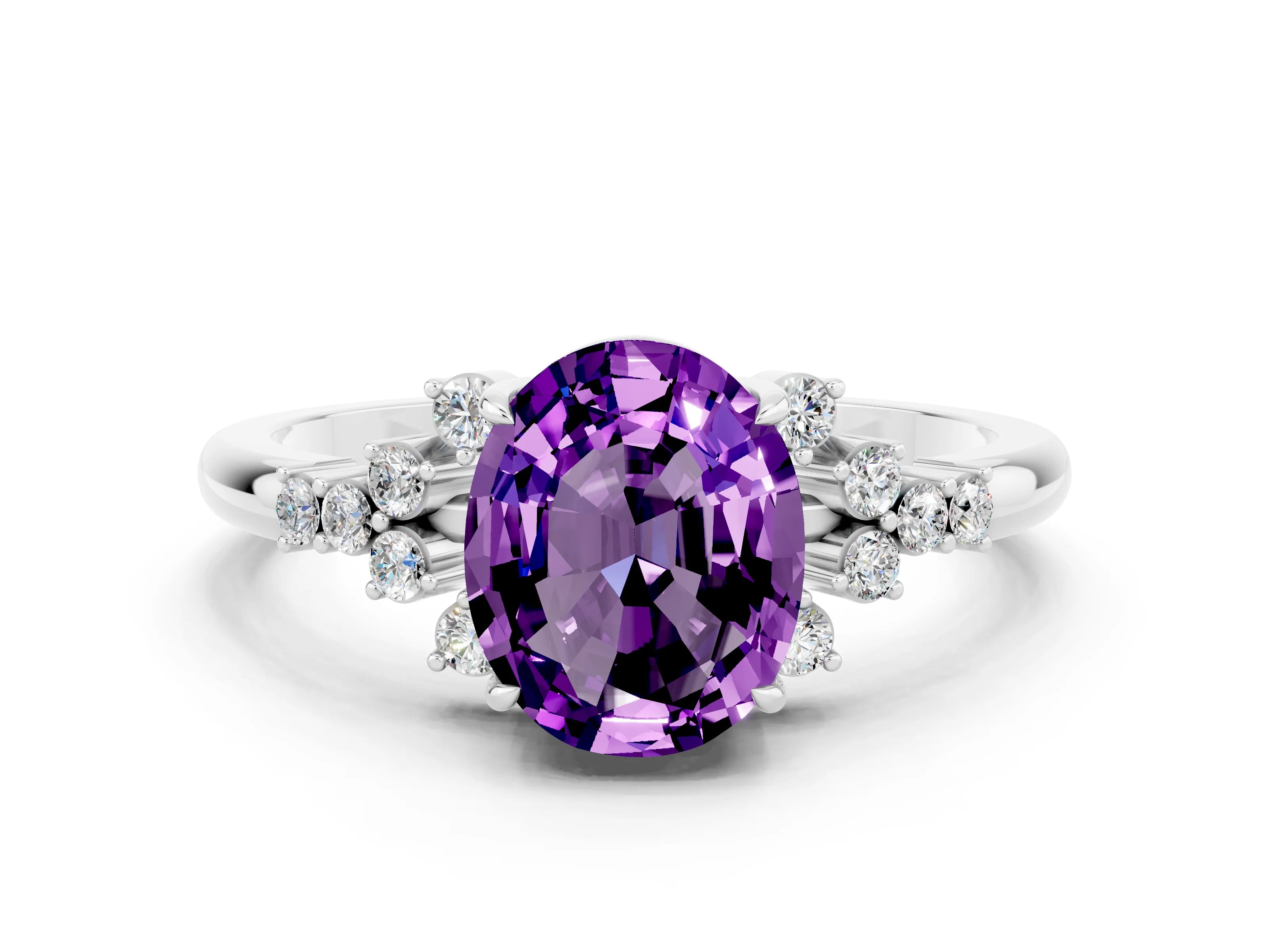White gold Oval Cut Amethyst Ring with Side Stones and Four-Prong Setting_96