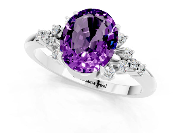 Platinum Oval Cut Amethyst Ring with Side Stones and Four-Prong Setting