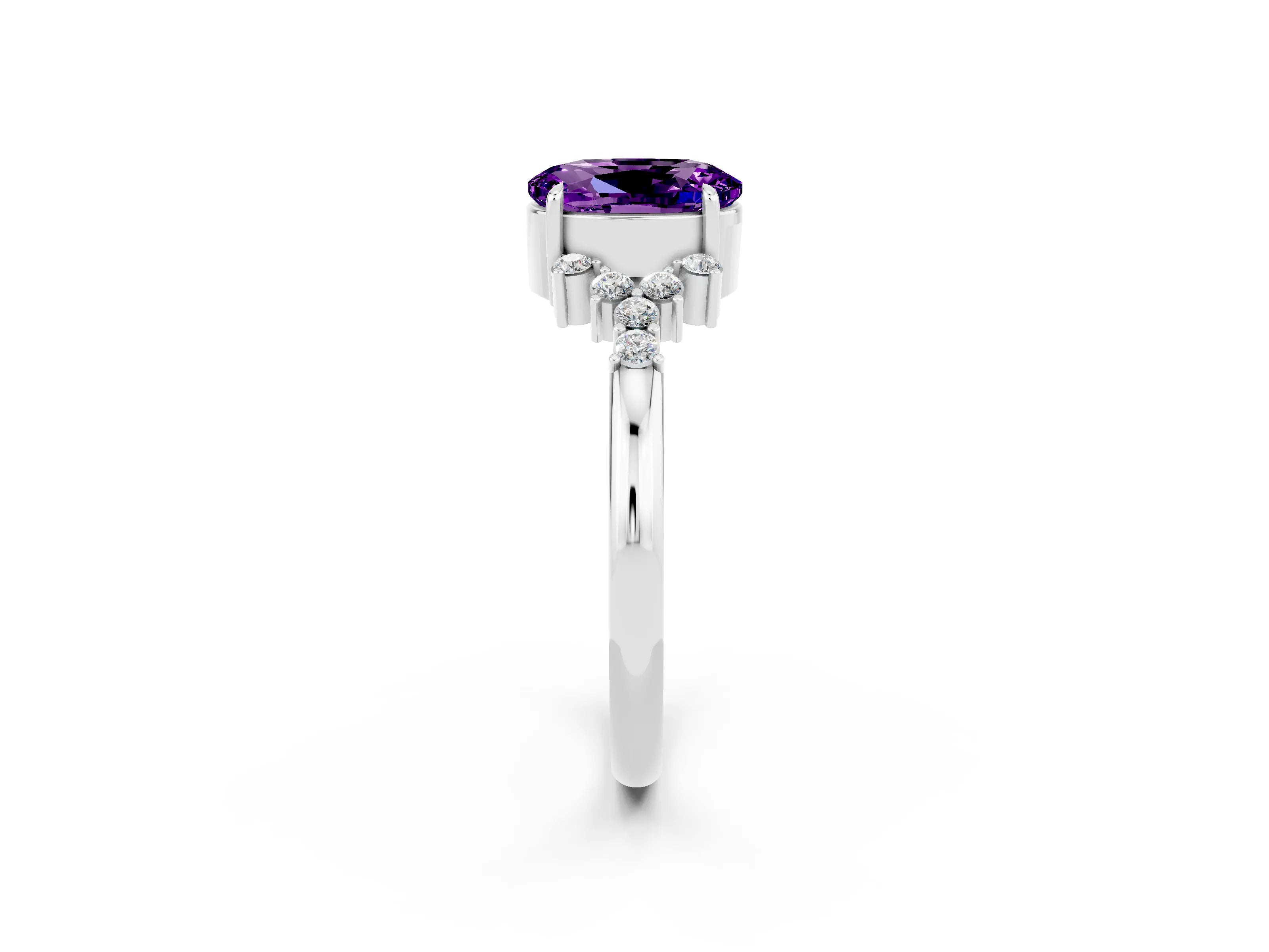 White gold Oval Cut Amethyst Ring with Side Stones and Four-Prong Setting_98