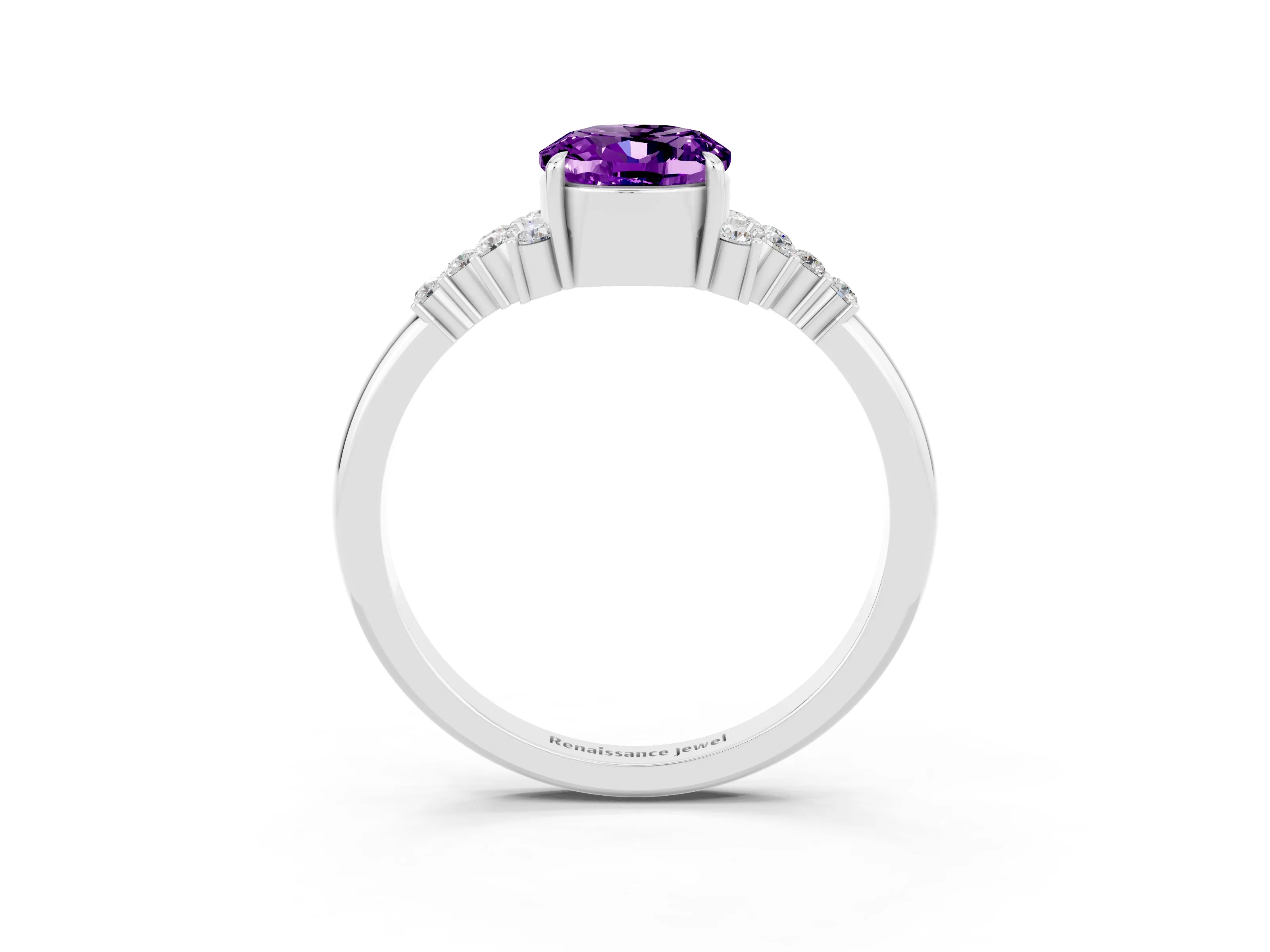 White gold Oval Cut Amethyst Ring with Side Stones and Four-Prong Setting_99