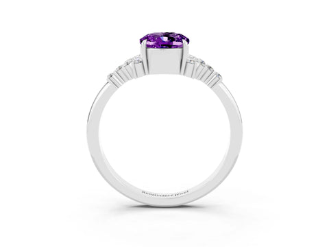 White gold Oval Cut Amethyst Ring with Side Stones and Four-Prong Setting_99