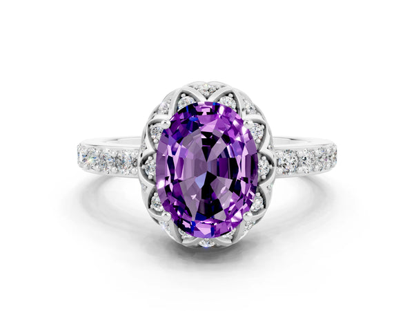Platinum Oval Cut Amethyst Scalloped Halo Engagement Ring with Round Shared Prong Band
