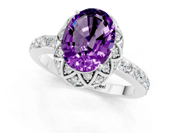 Platinum Oval Cut Amethyst Scalloped Halo Engagement Ring with Round Shared Prong Band
