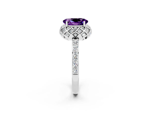 White gold Oval Cut Amethyst Scalloped Halo Engagement Ring with Round Shared Prong Band