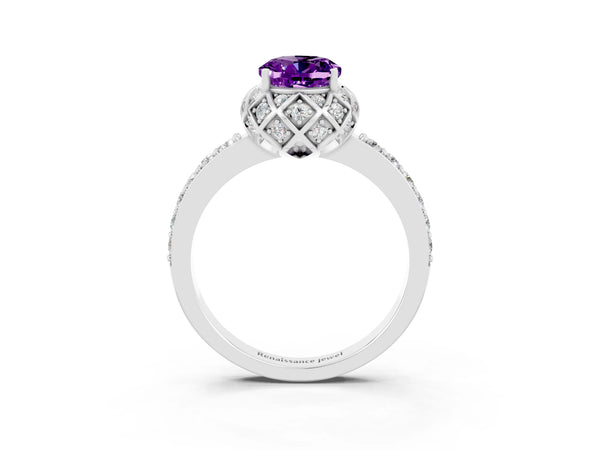 Platinum Oval Cut Amethyst Scalloped Halo Engagement Ring with Round Shared Prong Band