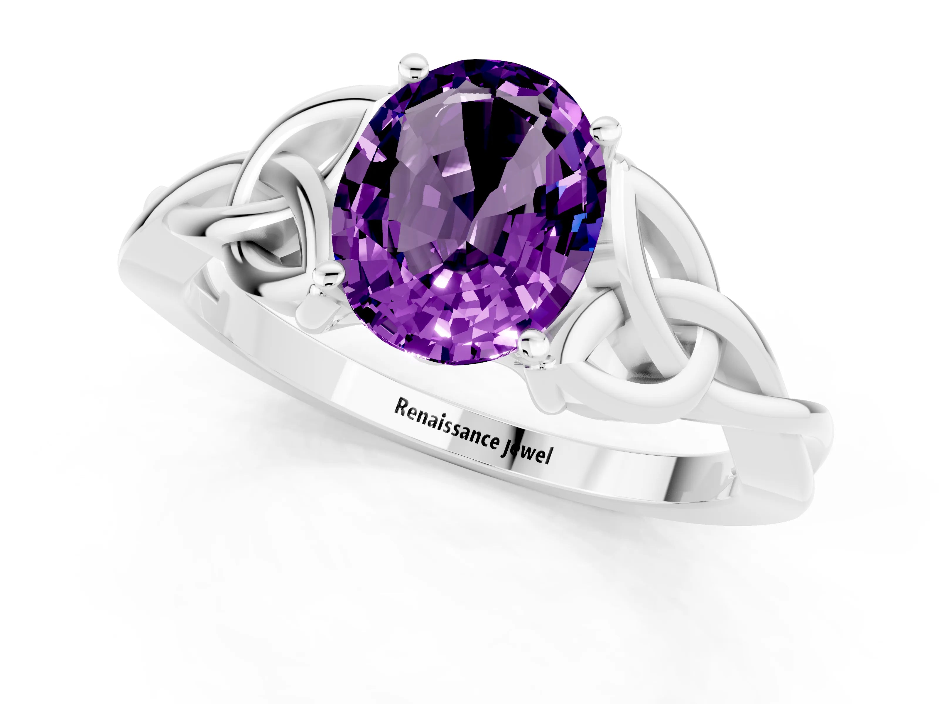 White gold Oval Cut Amethyst Solitaire Celtic Knot Ring with Four-Prong Setting_13