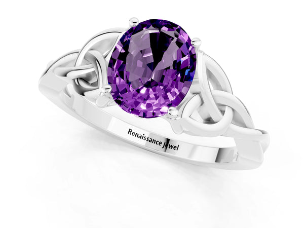 White gold Oval Cut Amethyst Solitaire Celtic Knot Ring with Four-Prong Setting