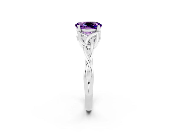Silver Oval Cut Amethyst Solitaire Celtic Knot Ring with Four-Prong Setting
