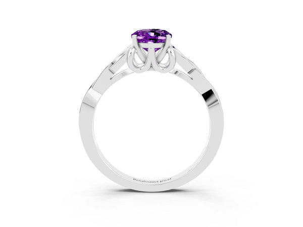 Silver Oval Cut Amethyst Solitaire Celtic Knot Ring with Four-Prong Setting