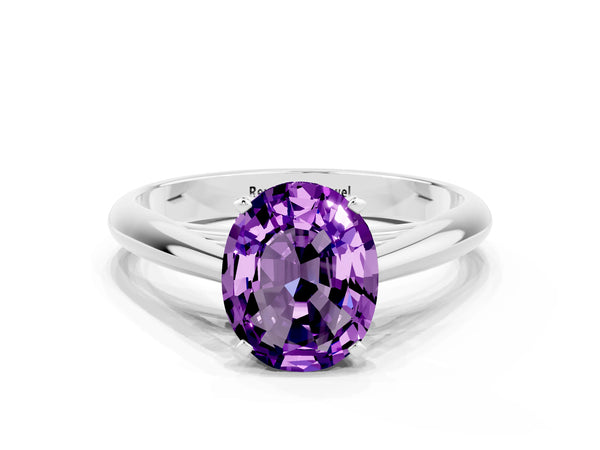 White gold Oval Cut Amethyst Solitaire Engagement Ring with Cathedral Setting and Four-Prong Mount