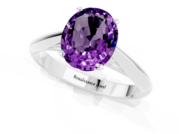 White gold Oval Cut Amethyst Solitaire Engagement Ring with Cathedral Setting and Four-Prong Mount