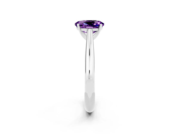 White gold Oval Cut Amethyst Solitaire Engagement Ring with Cathedral Setting and Four-Prong Mount