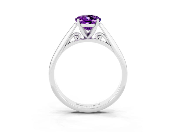 White gold Oval Cut Amethyst Solitaire Engagement Ring with Cathedral Setting and Four-Prong Mount