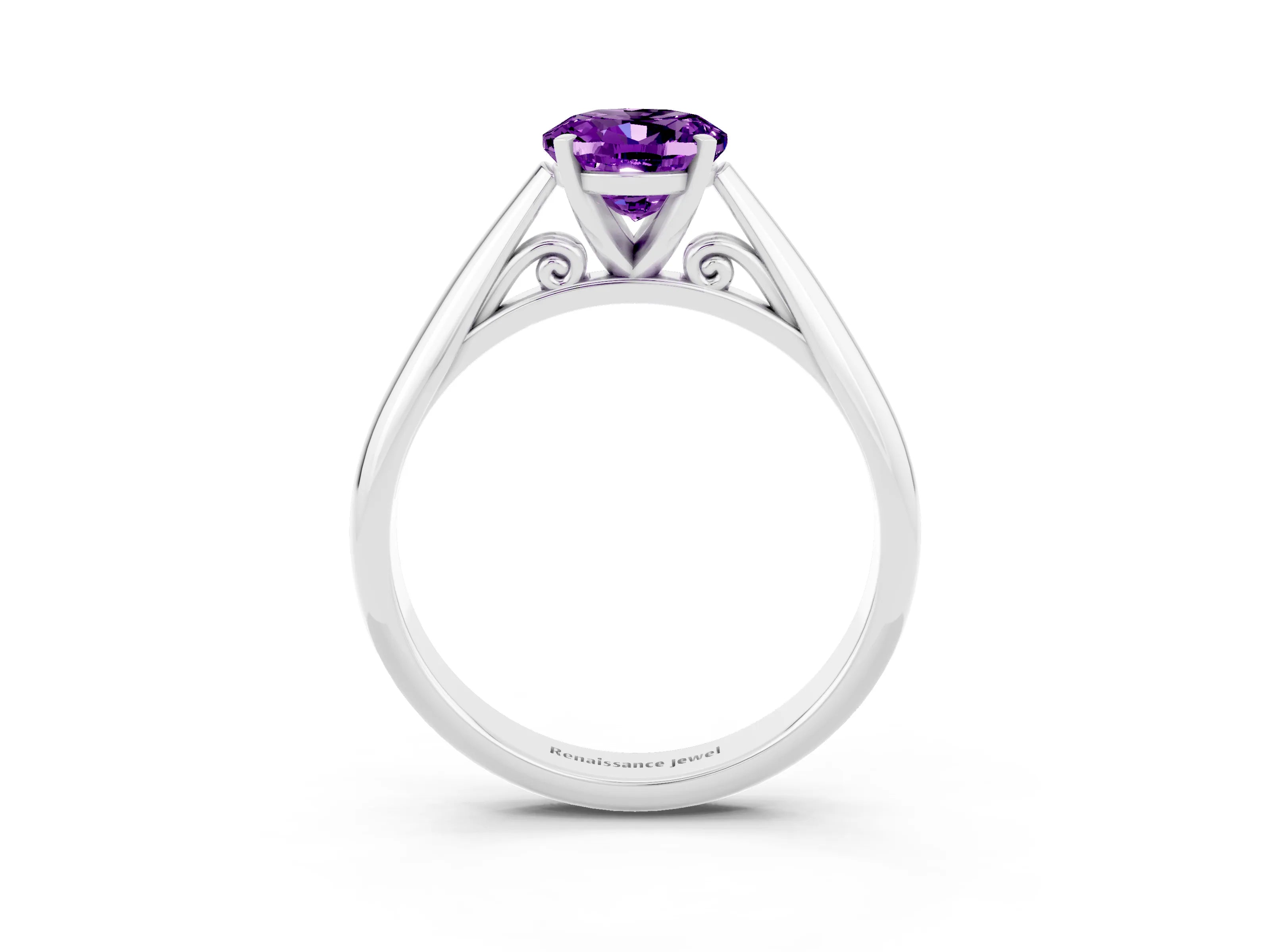 White gold Oval Cut Amethyst Solitaire Engagement Ring with Cathedral Setting and Four-Prong Mount_51
