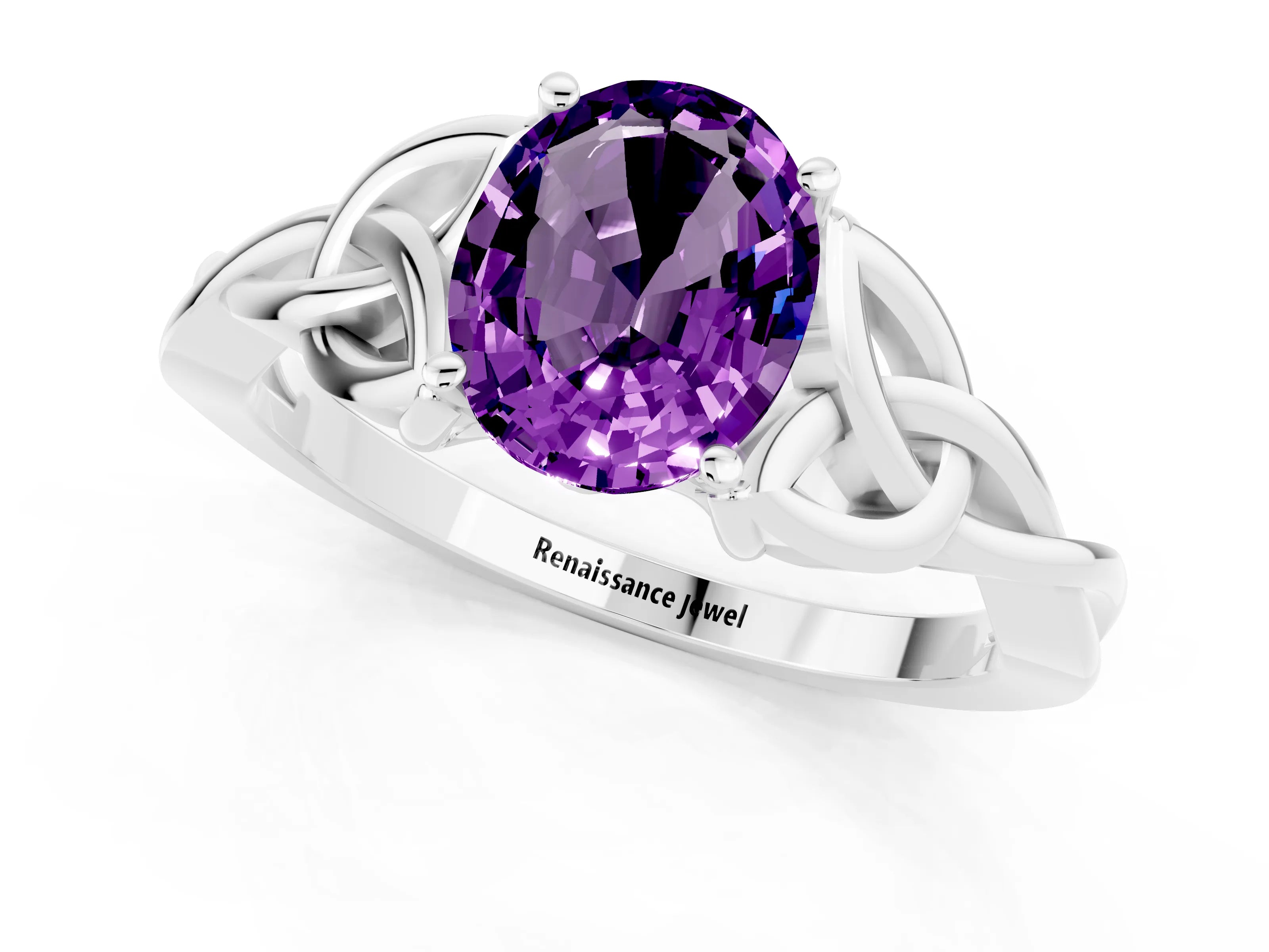 White gold Oval Cut Amethyst Solitaire Engagement Ring with Celtic Knot Band and Four-Prong Setting_1