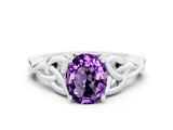 White gold Oval Cut Amethyst Solitaire Engagement Ring with Celtic Knot Band and Four-Prong Setting