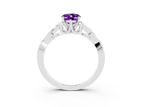Silver Oval Cut Amethyst Solitaire Engagement Ring with Celtic Knot Band and Four-Prong Setting