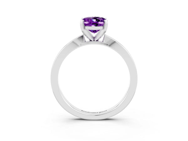Platinum Oval Cut Amethyst Solitaire Engagement Ring with Classic Band and Four-Prong Setting