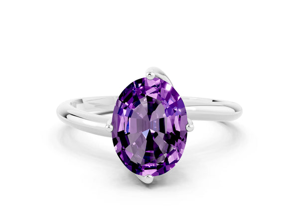 Platinum Oval Cut Amethyst Solitaire Engagement Ring with Four-Prong Setting and Classic Band