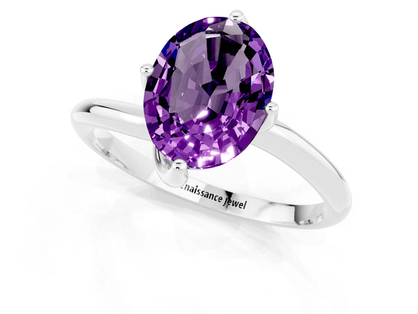 Silver Oval Cut Amethyst Solitaire Engagement Ring with Four-Prong Setting and Classic Band