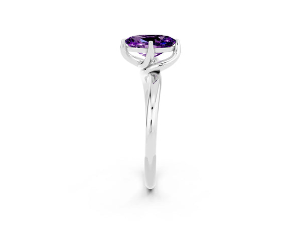 Silver Oval Cut Amethyst Solitaire Engagement Ring with Four-Prong Setting and Classic Band