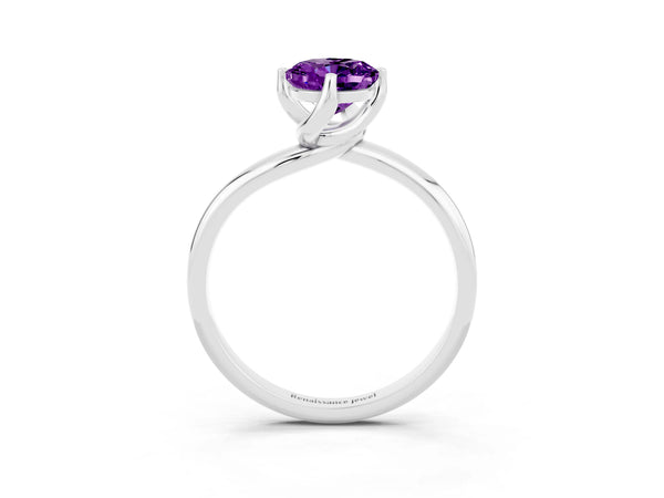 Silver Oval Cut Amethyst Solitaire Engagement Ring with Four-Prong Setting and Classic Band